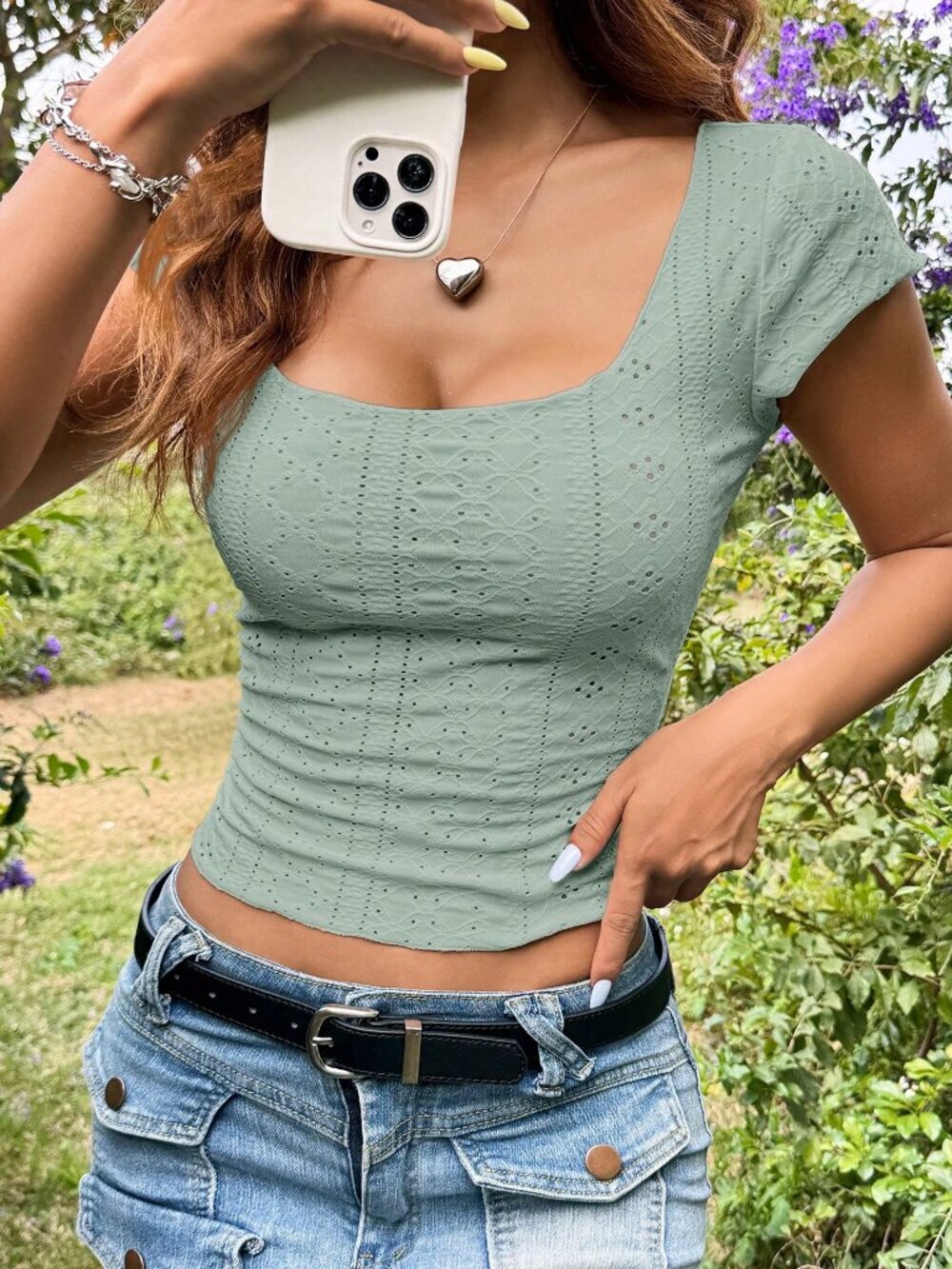 Olive Green Casual Women's Eyelet Embroidery Knitted Slim Fit T-Shirt